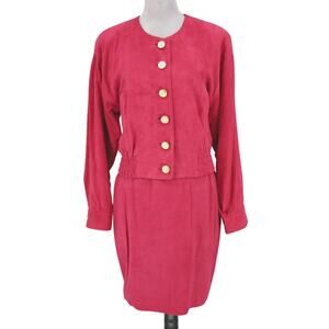 Laurel Skirt Suit Womens 8 Hot Pink Suede Leather Gold Buttons Lined 2 Piece